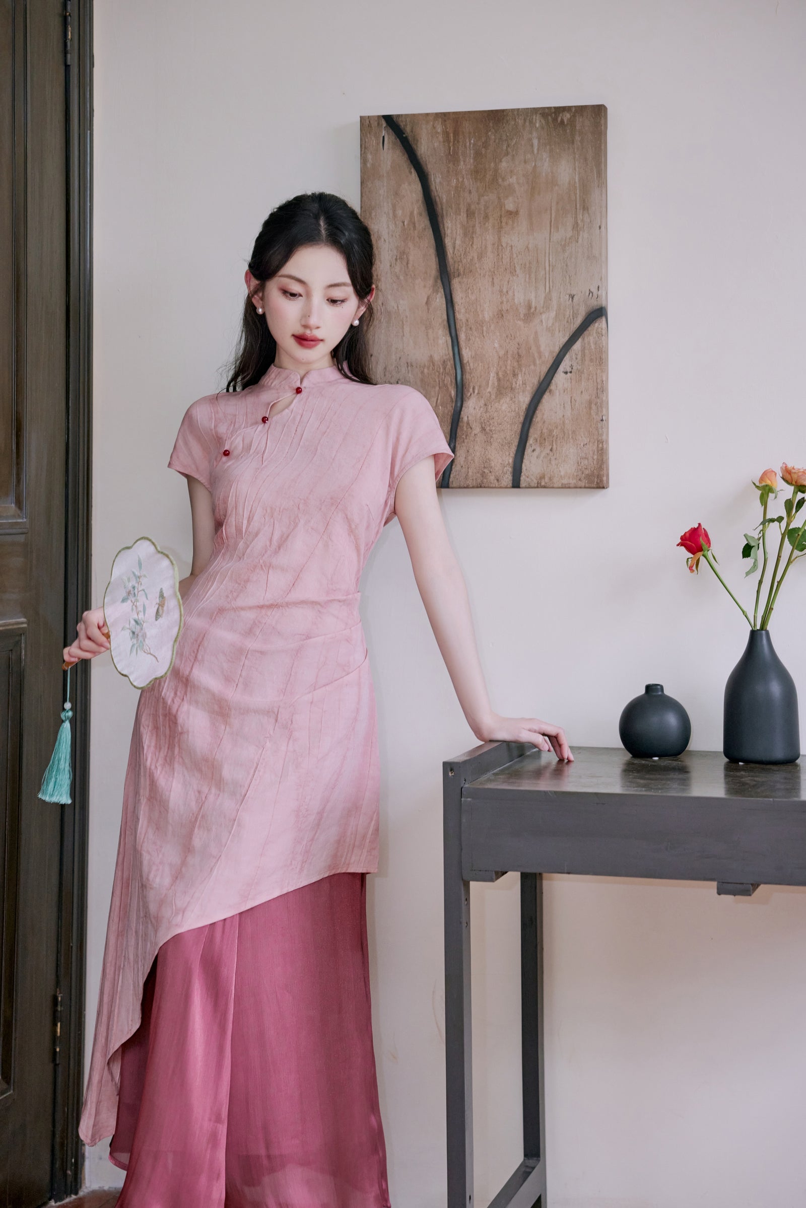 Peach Blossom Asymmetric Cheongsam Dress