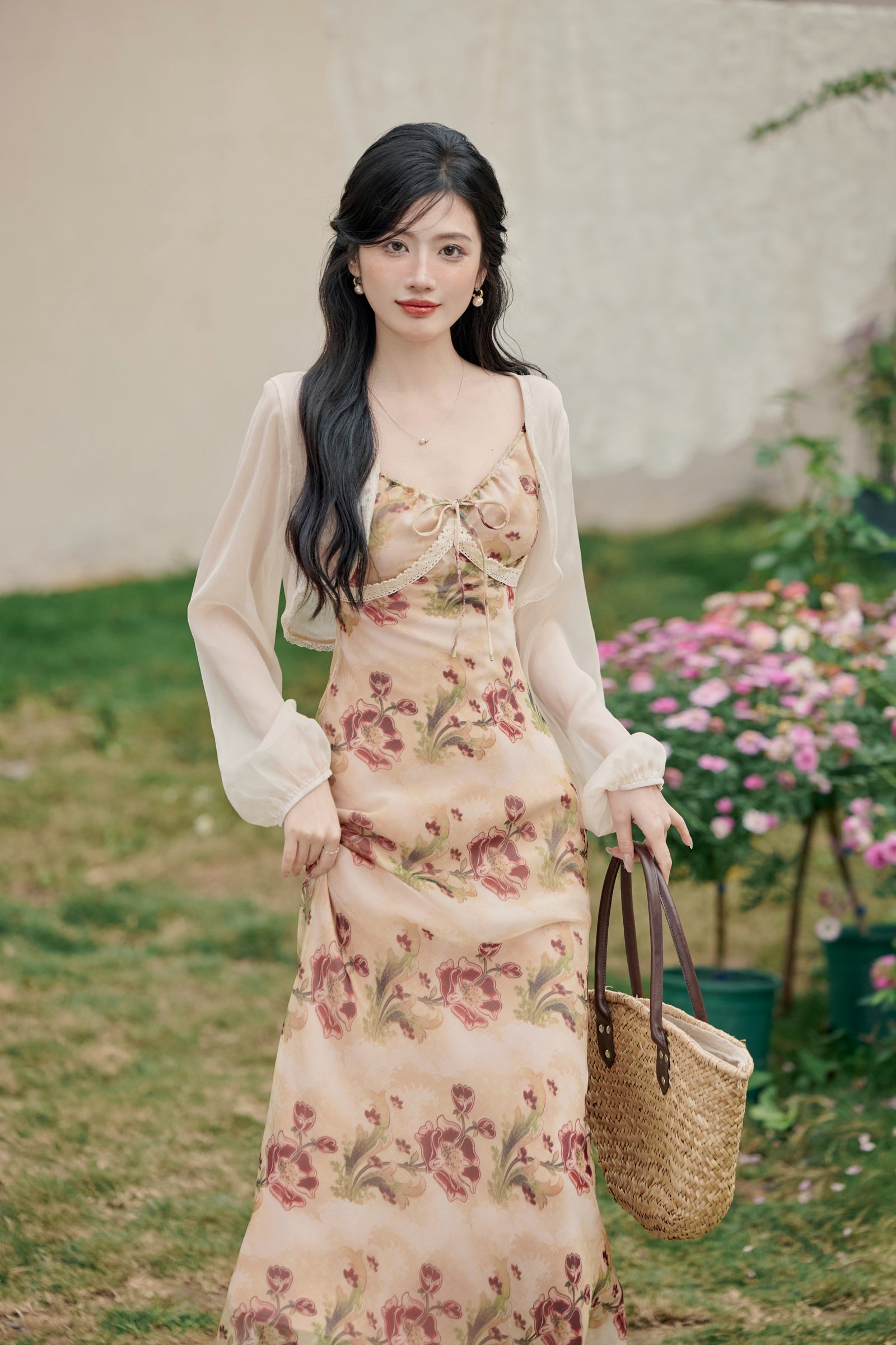 Spaghetti Strap Floral Dress with Cardigan - Masion Chérie