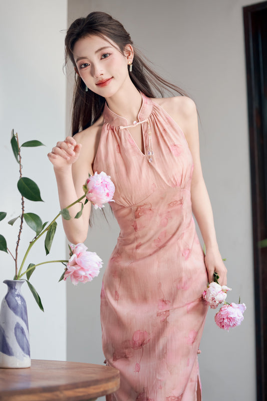 Blush Rose Halter Neck Cheongsam Dress