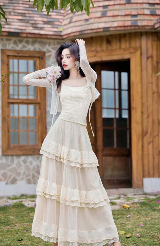 Elegant Lace Camisole, Tiered Lace Skirt Set - Masion Chérie