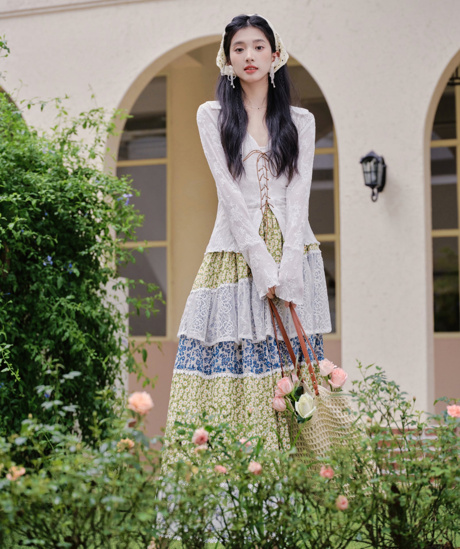 Bohemian Lace-Up Blouse and Tiered Floral Maxi Skirt Set - Masion Chérie