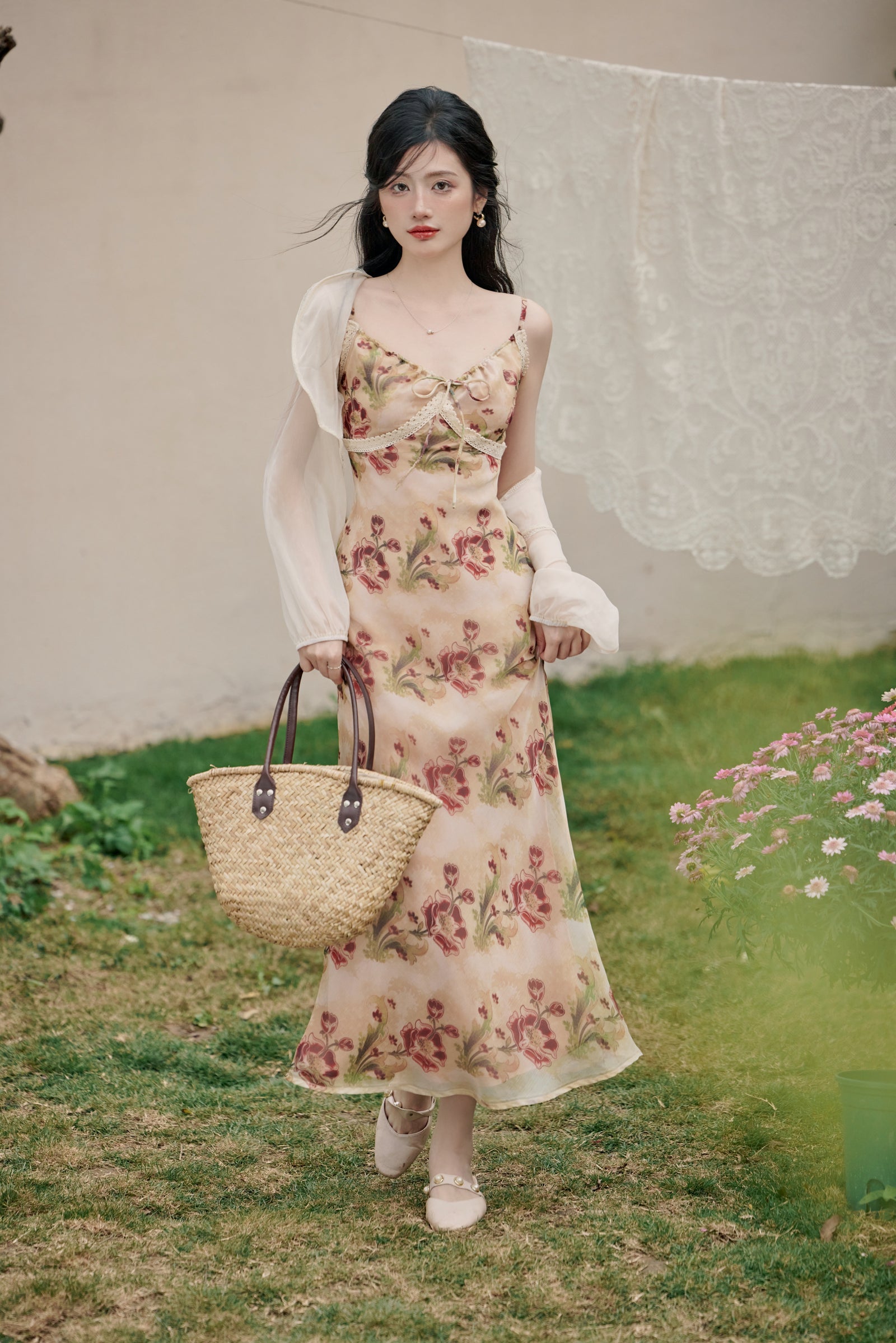 Spaghetti Strap Floral Dress with Cardigan - Masion Chérie