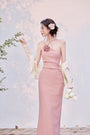 Elegant Rose Pink Floral Appliqué Spaghetti Strap Maxi Dress - Masion Chérie