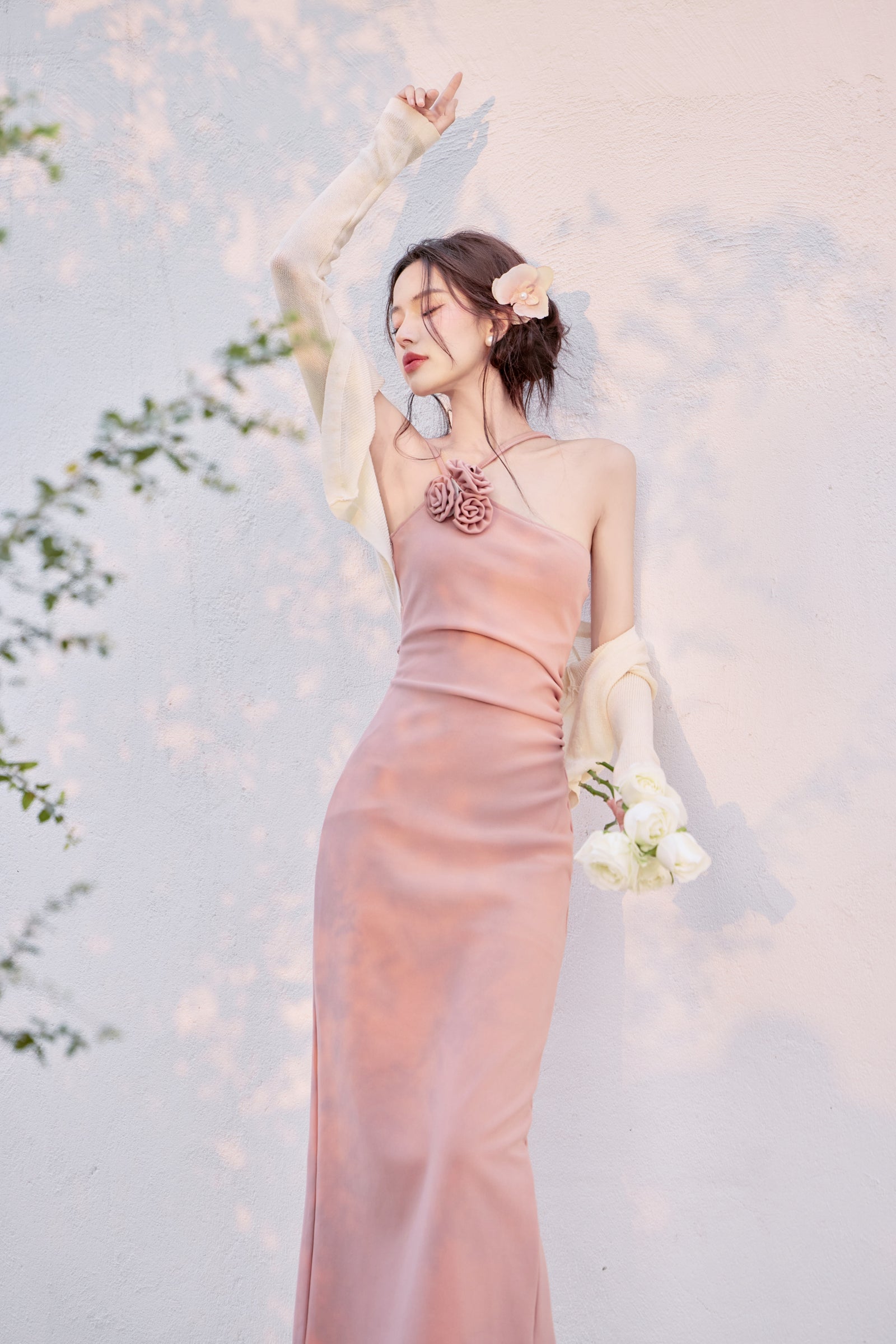 Elegant Rose Pink Floral Appliqué Spaghetti Strap Maxi Dress - Masion Chérie