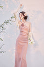 Elegant Rose Pink Floral Appliqué Spaghetti Strap Maxi Dress - Masion Chérie