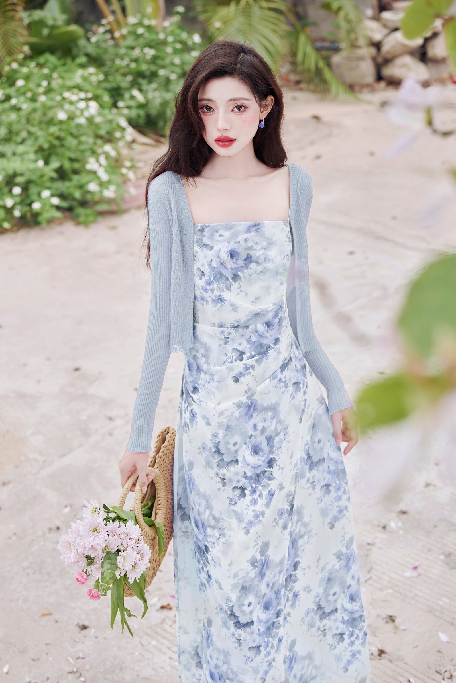 Angelic Blue Rose Watercolor Sleeveless Maxi Dress