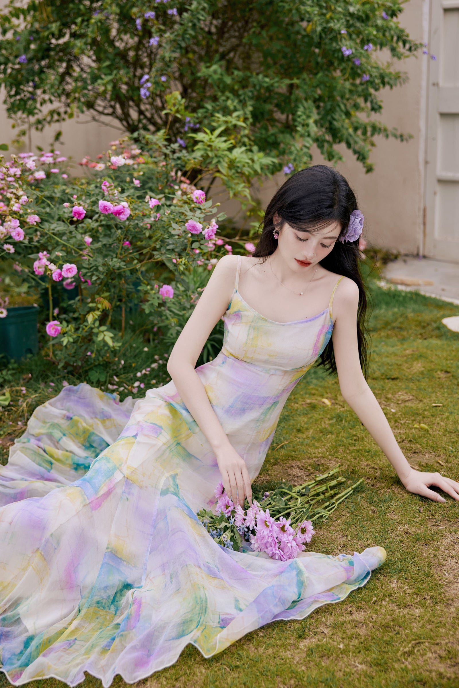 Celestial Pastel Watercolor Spaghetti Strap Maxi Dress