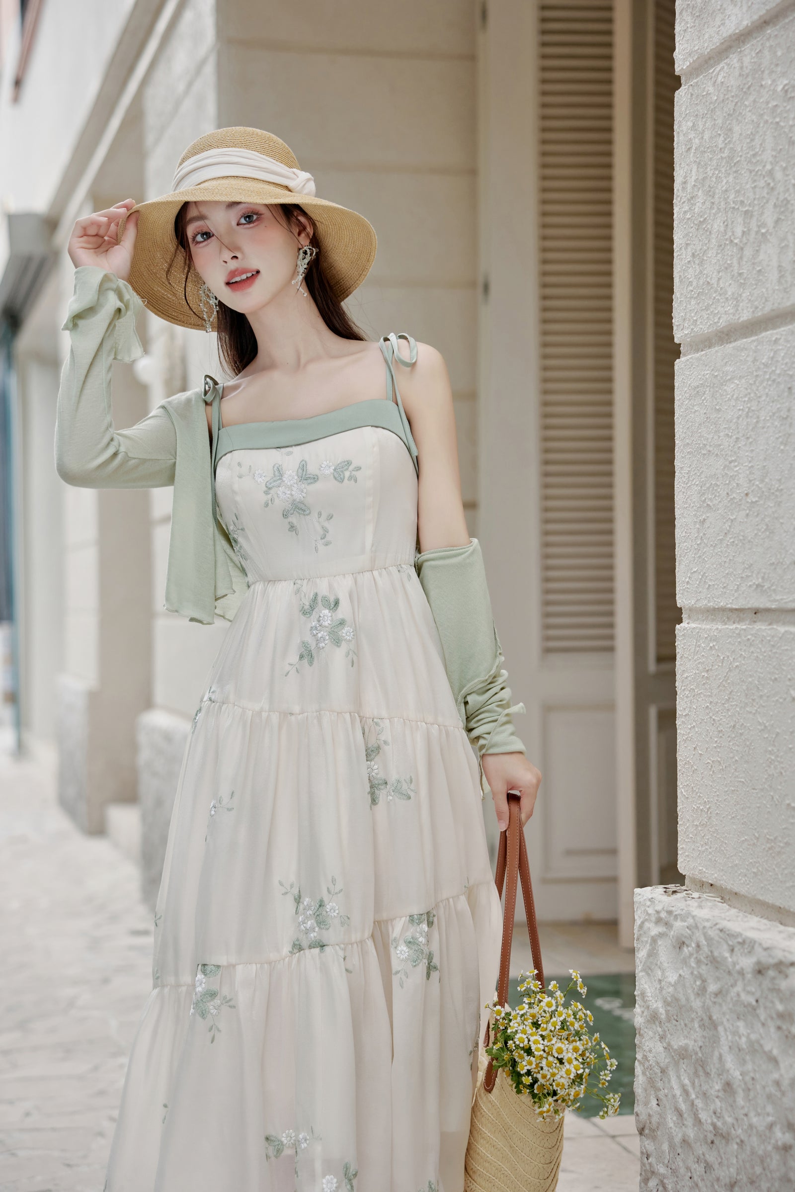 Embroidered Floral Tiered Midi Dress