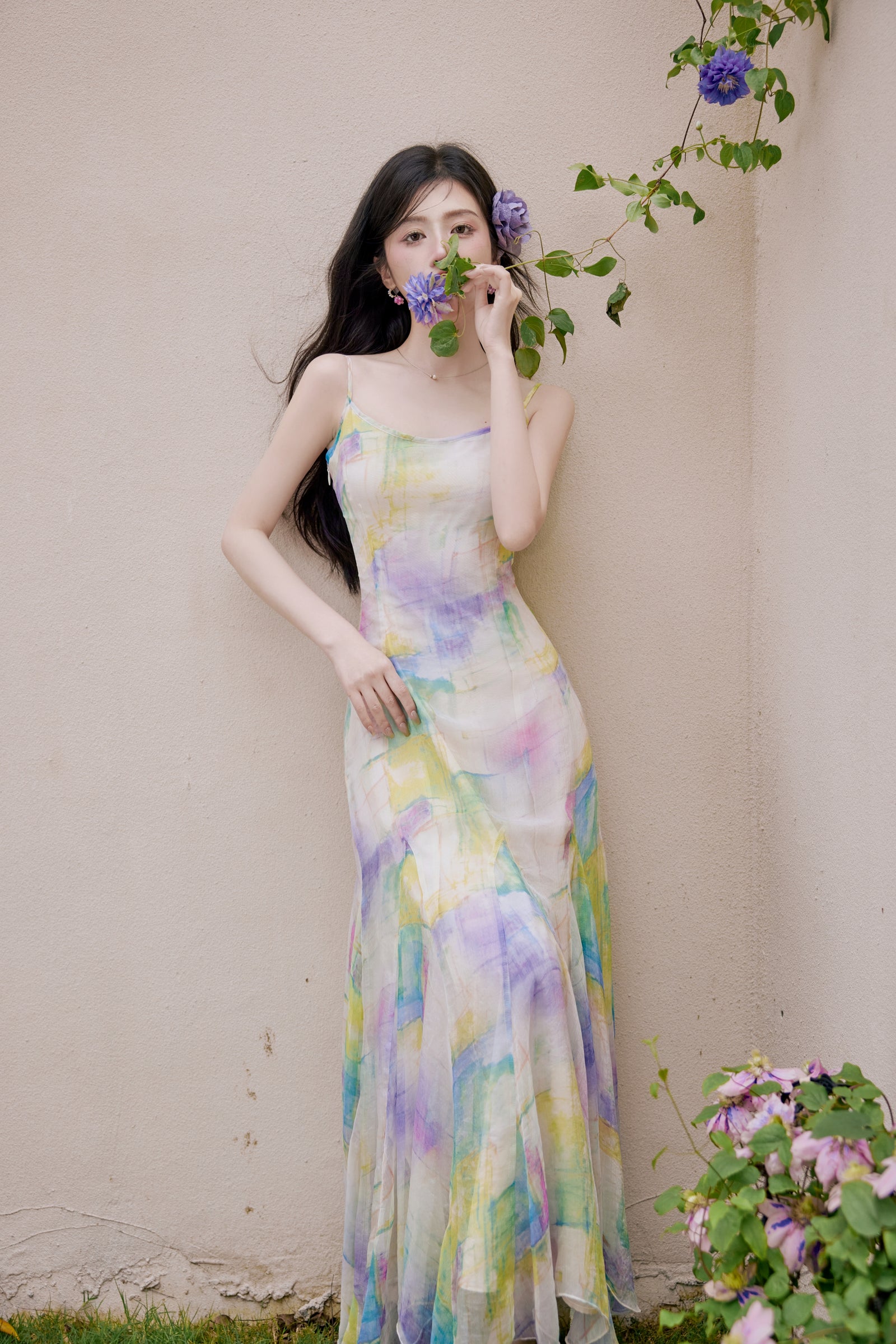 Celestial Pastel Watercolor Spaghetti Strap Maxi Dress