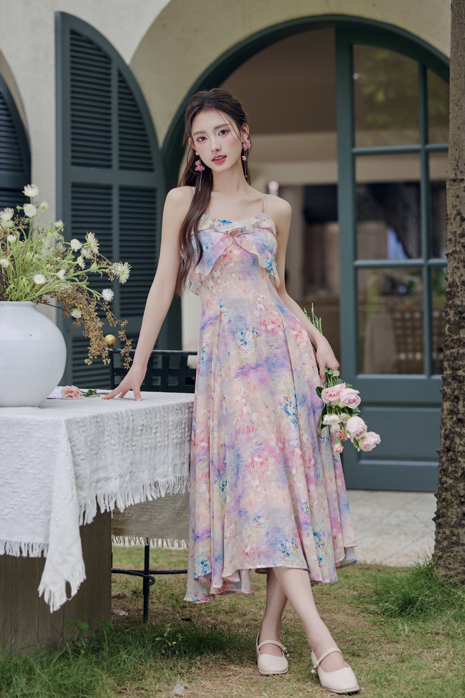 Enchanting Pastel Watercolor Ruffled Floral Midi Dress