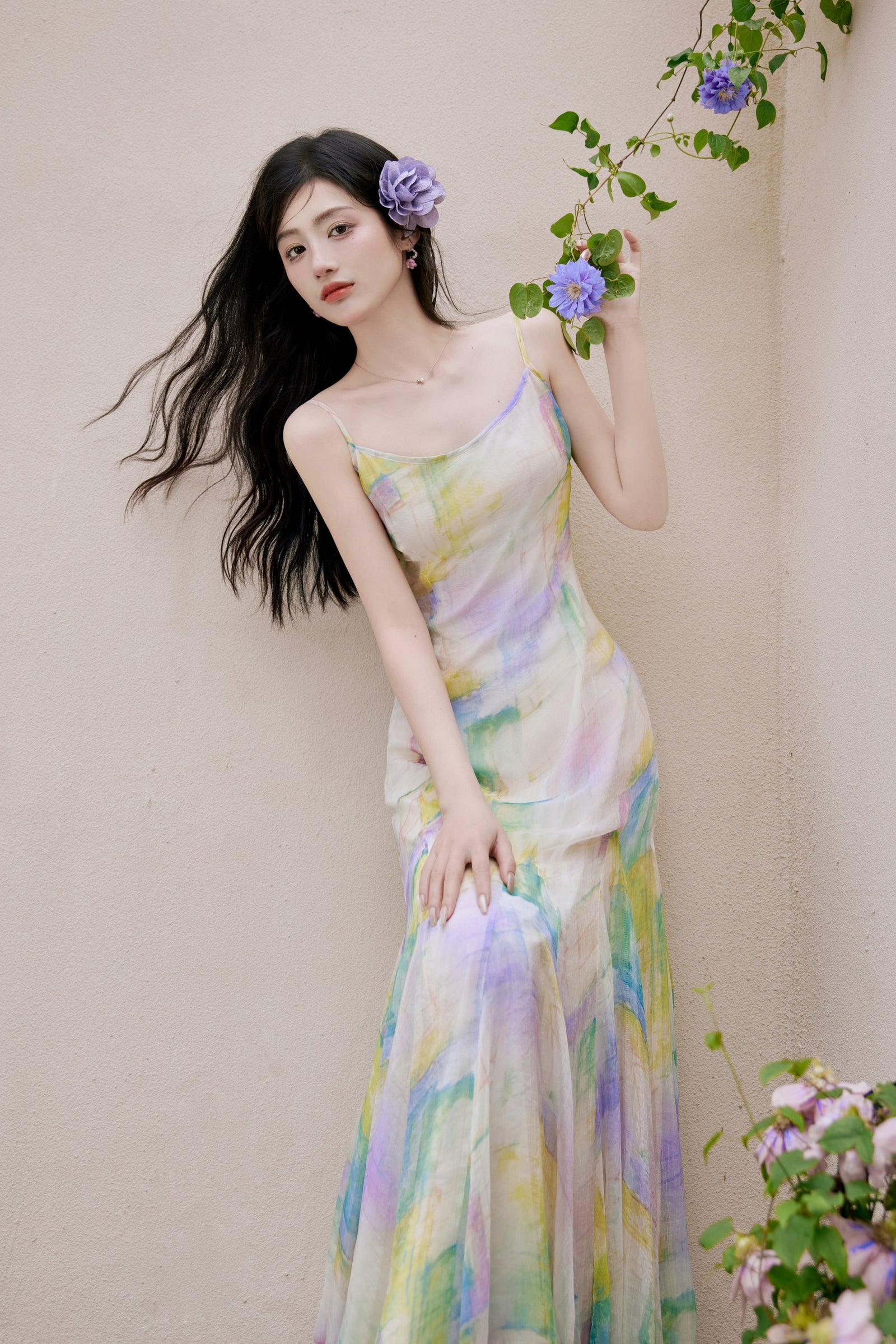 Celestial Pastel Watercolor Spaghetti Strap Maxi Dress