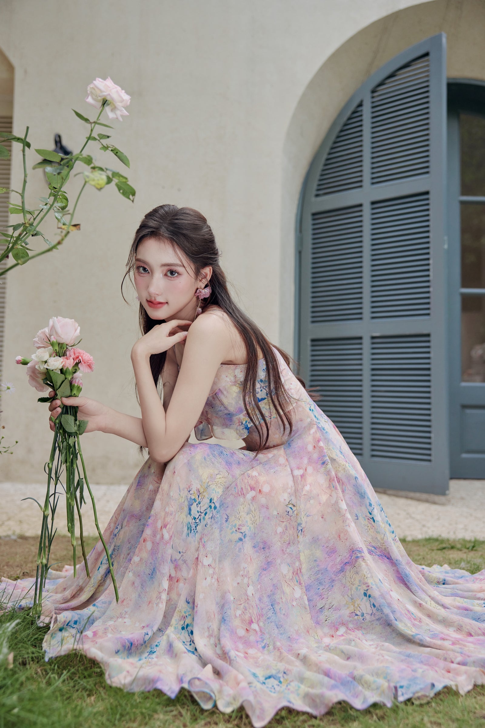 Enchanting Pastel Watercolor Ruffled Floral Midi Dress