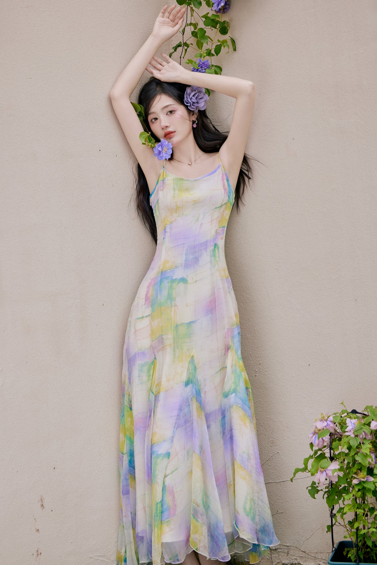 Celestial Pastel Watercolor Spaghetti Strap Maxi Dress