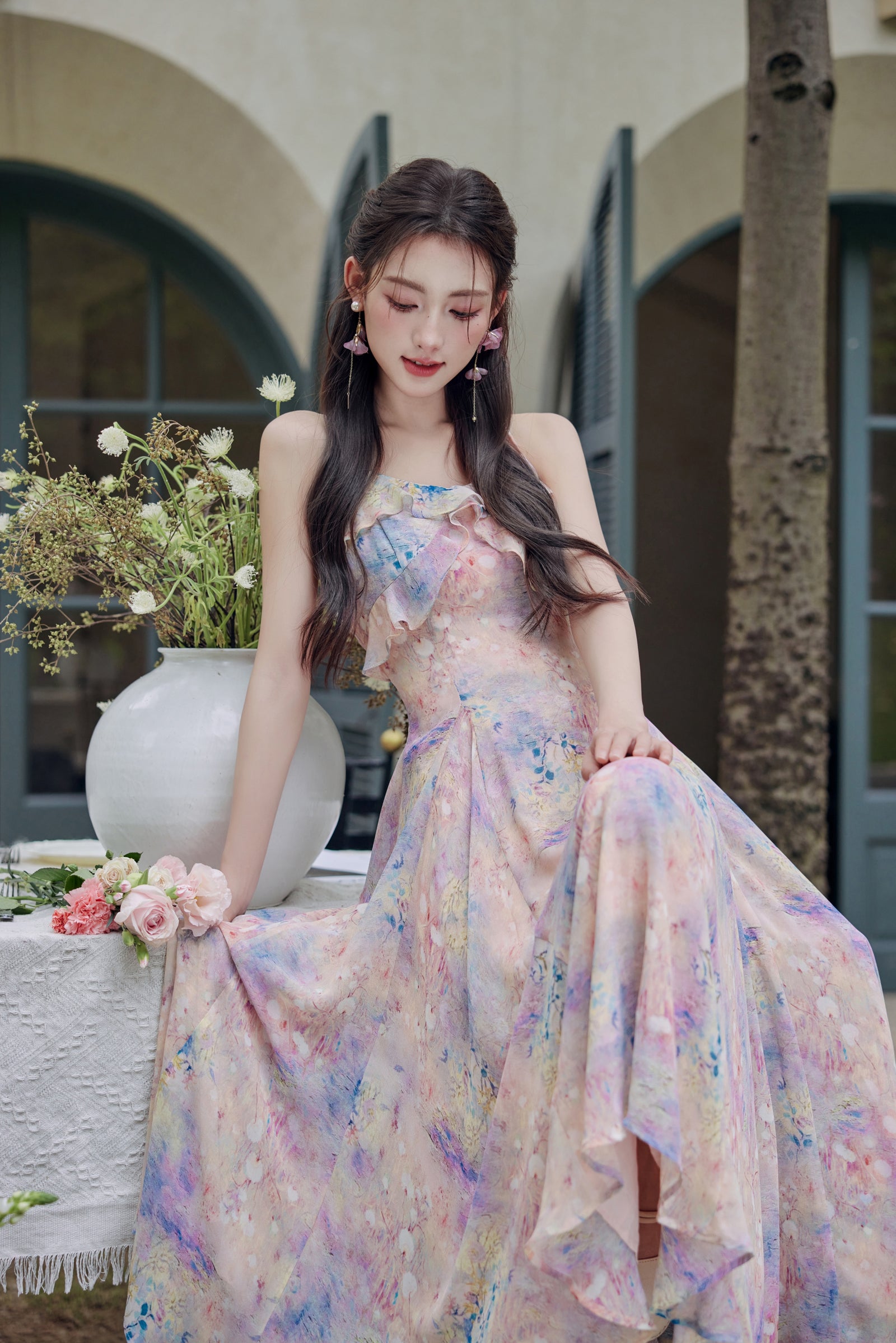 Enchanting Pastel Watercolor Ruffled Floral Midi Dress