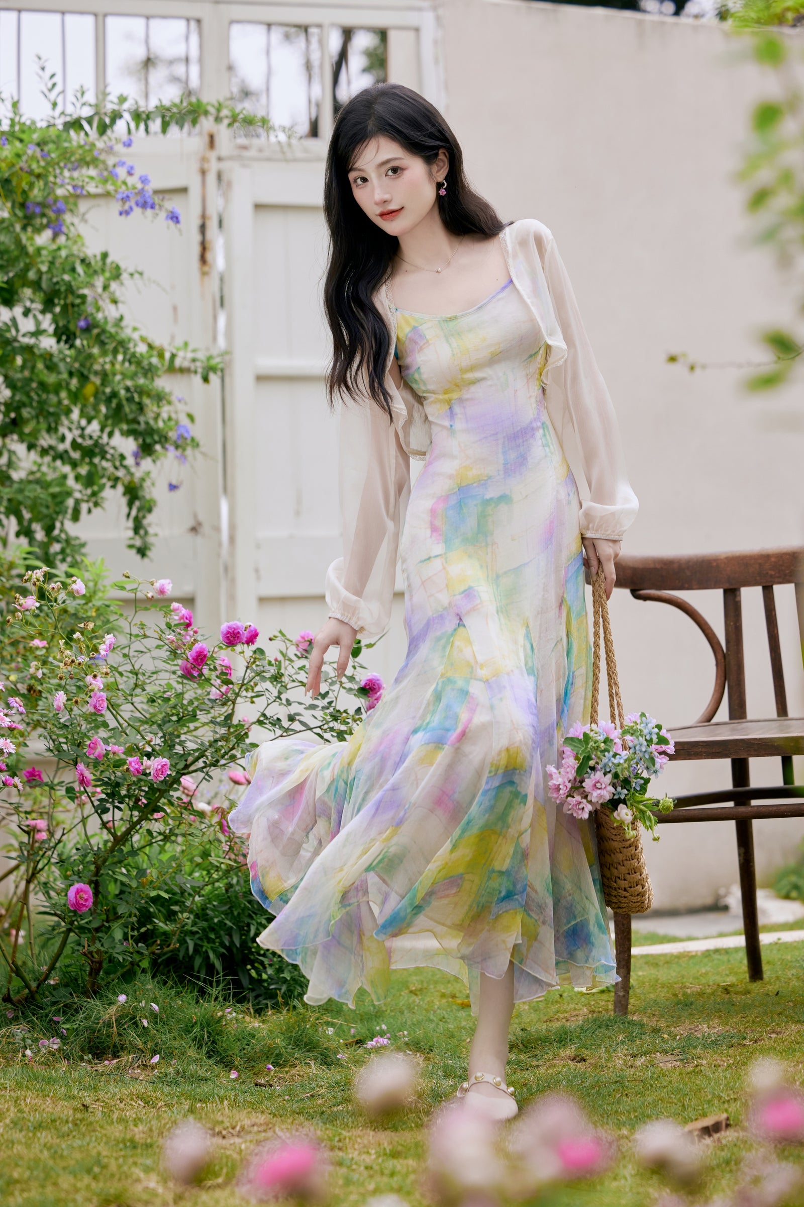 Celestial Pastel Watercolor Spaghetti Strap Maxi Dress