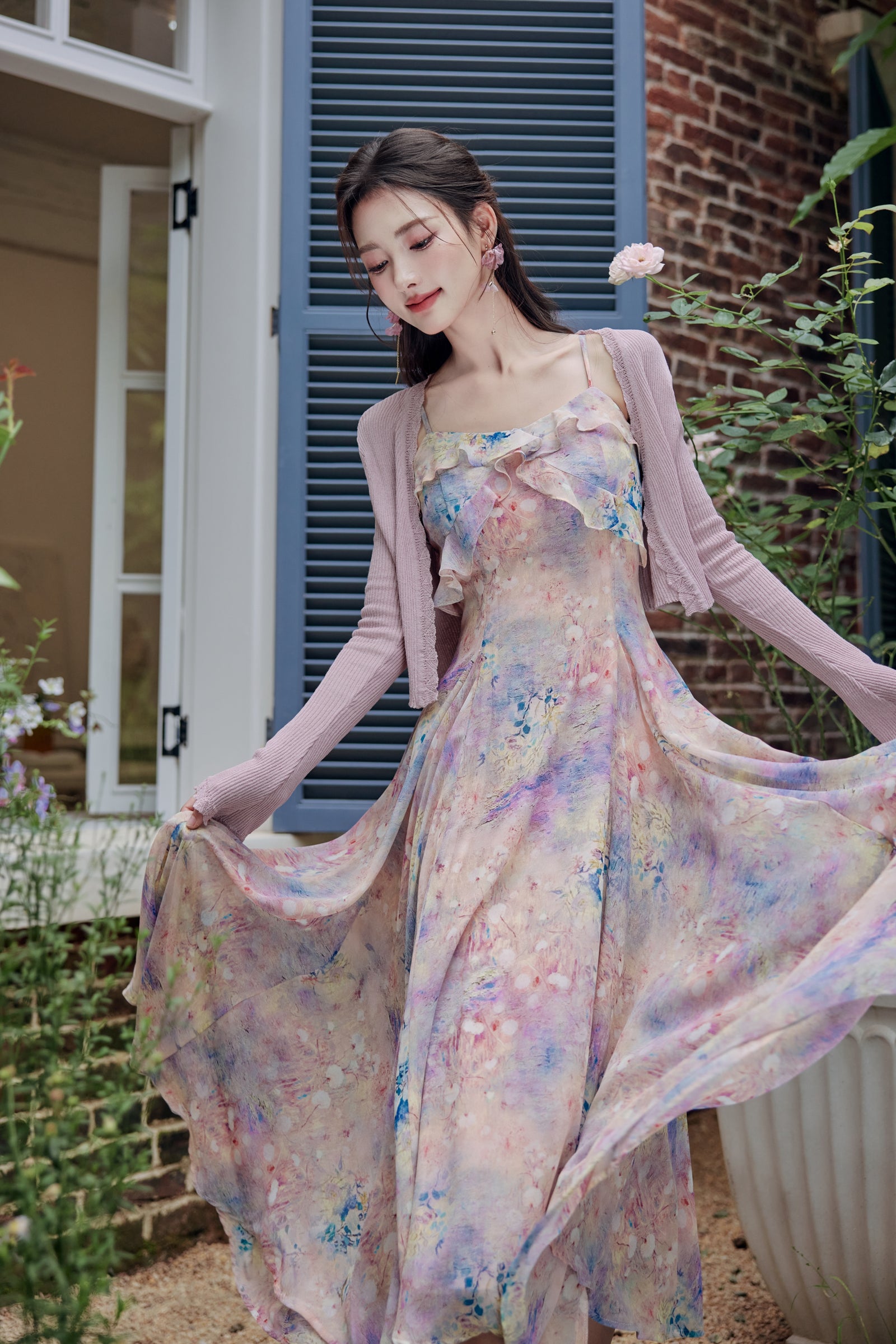 Enchanting Pastel Watercolor Ruffled Floral Midi Dress