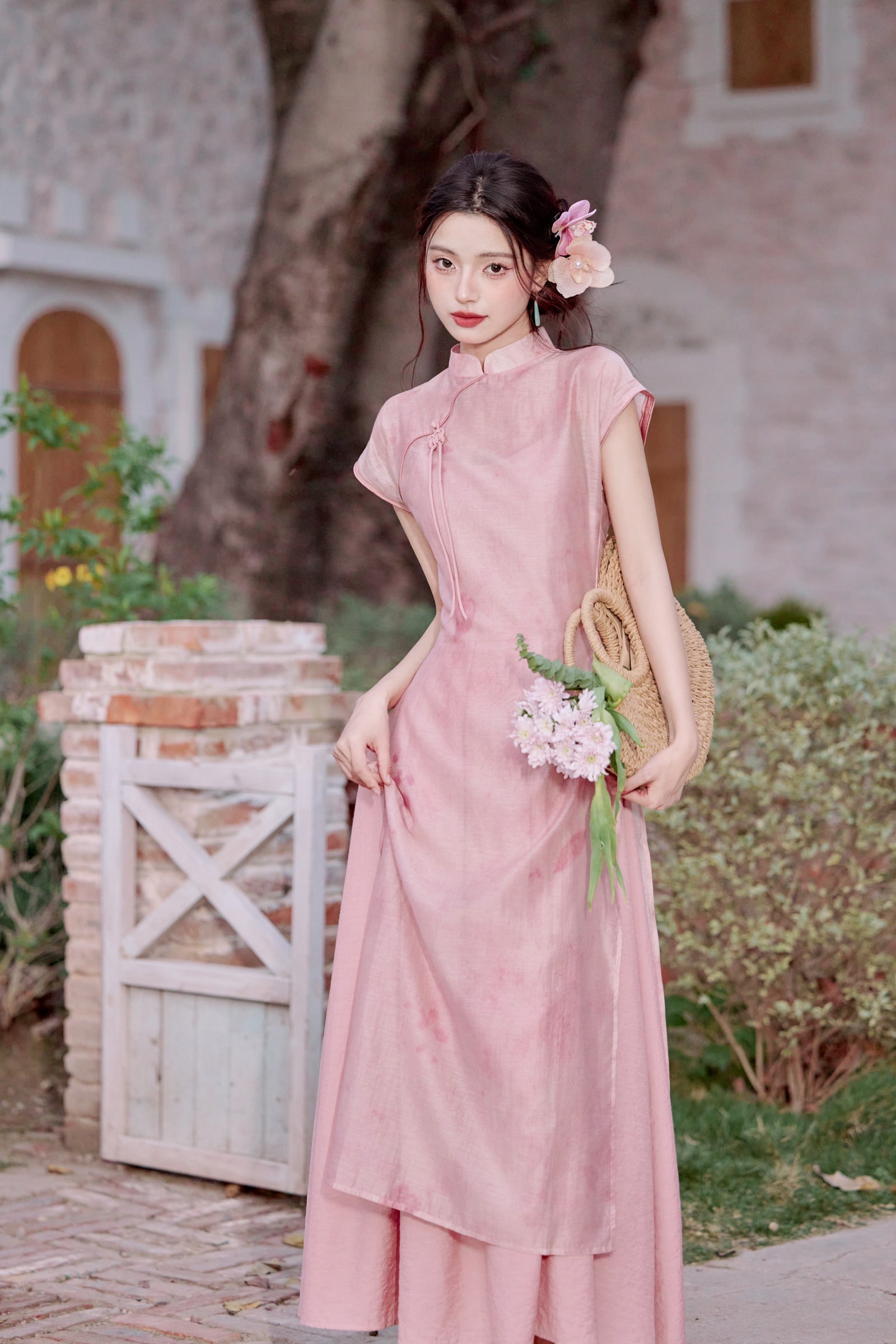 Vintage Pink Modified Cheongsam Dress Two-Piece Set - Masion Chérie