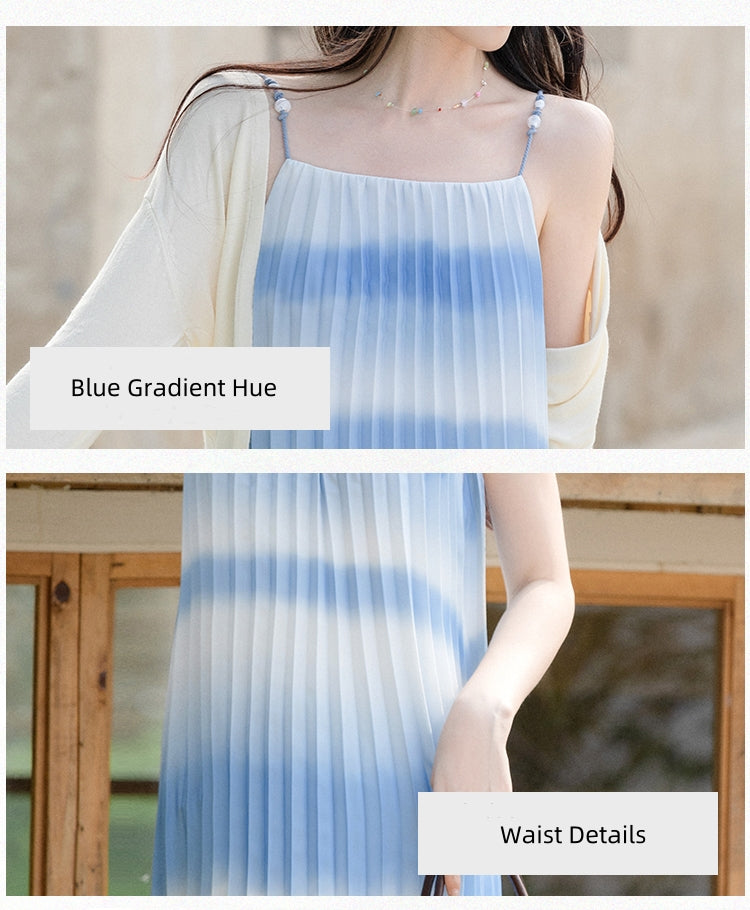 Elegant Blue Gradient Pleated Maxi Dress