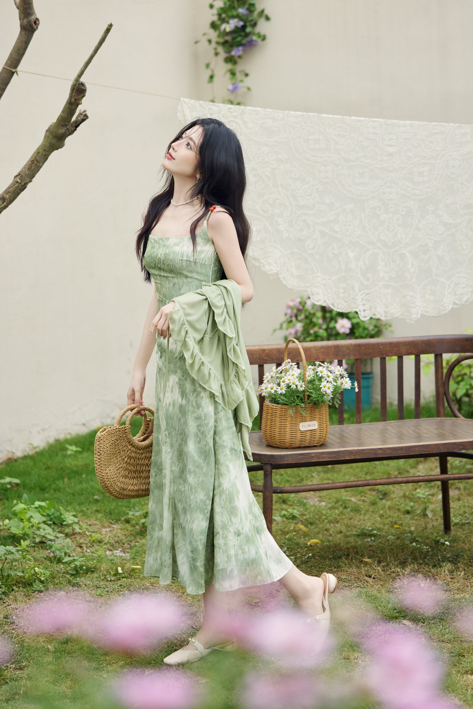 Sage Green Tie-Dye Square Neck Midi Dress