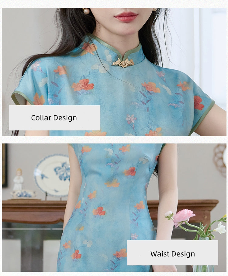 Vintage Print Modified Cheongsam Gradient Dress - Masion Chérie