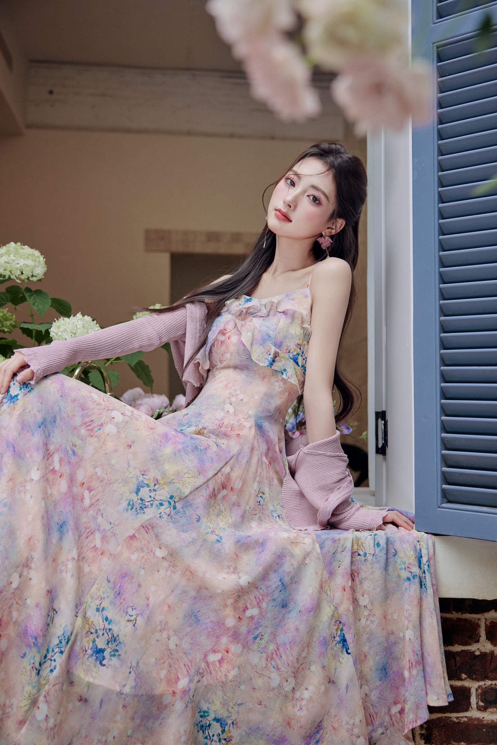 Enchanting Pastel Watercolor Ruffled Floral Midi Dress