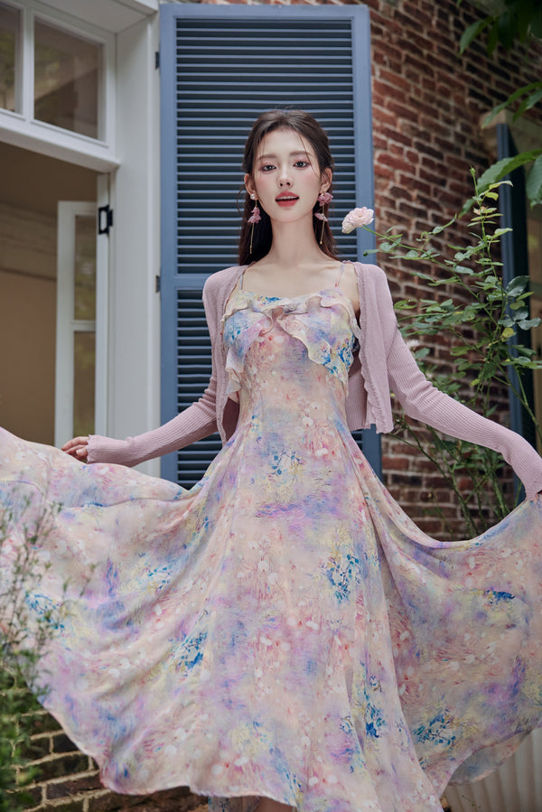 Enchanting Pastel Watercolor Ruffled Floral Midi Dress