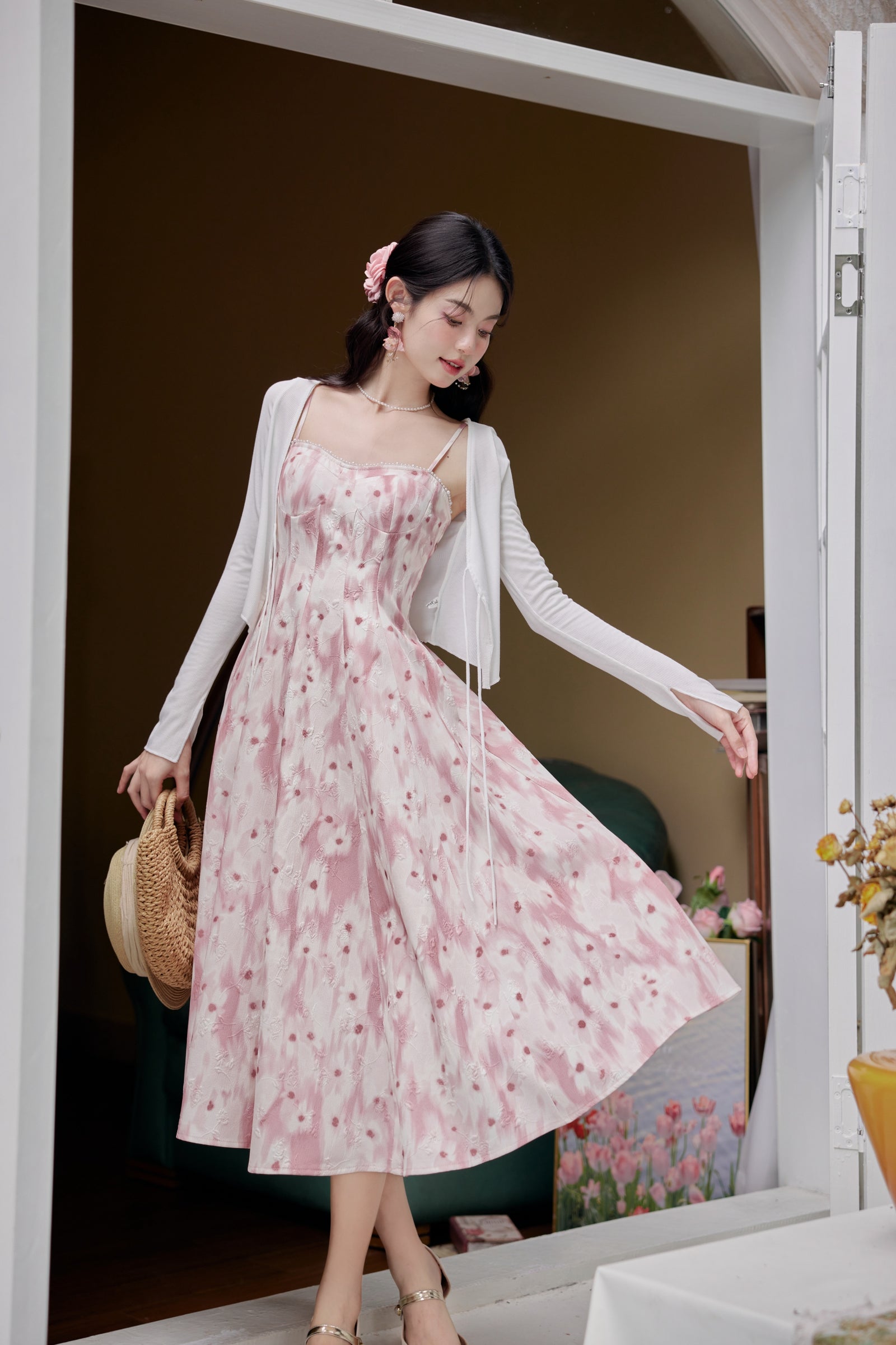 Blush Pink Floral Midi Dress - Masion Chérie