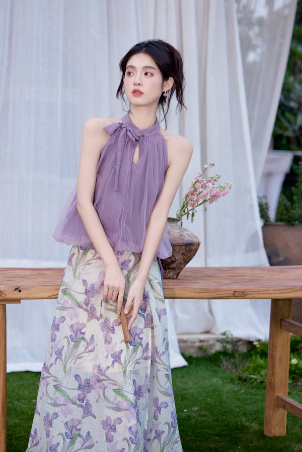 Orchid Dream Halter Blouse and Floral Maxi Skirt Set