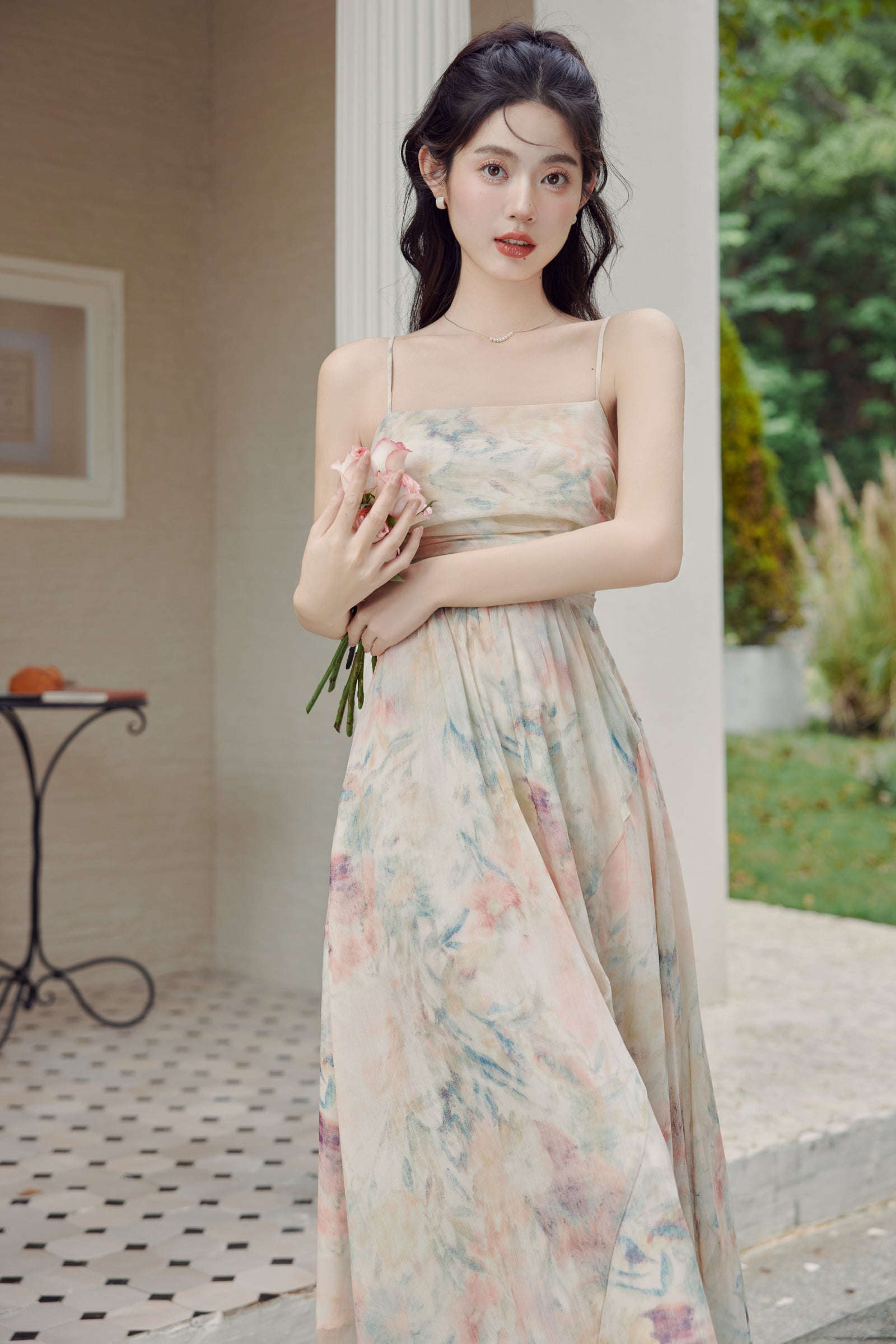 Pastel Watercolor Pleated Midi Dress - Masion Chérie 