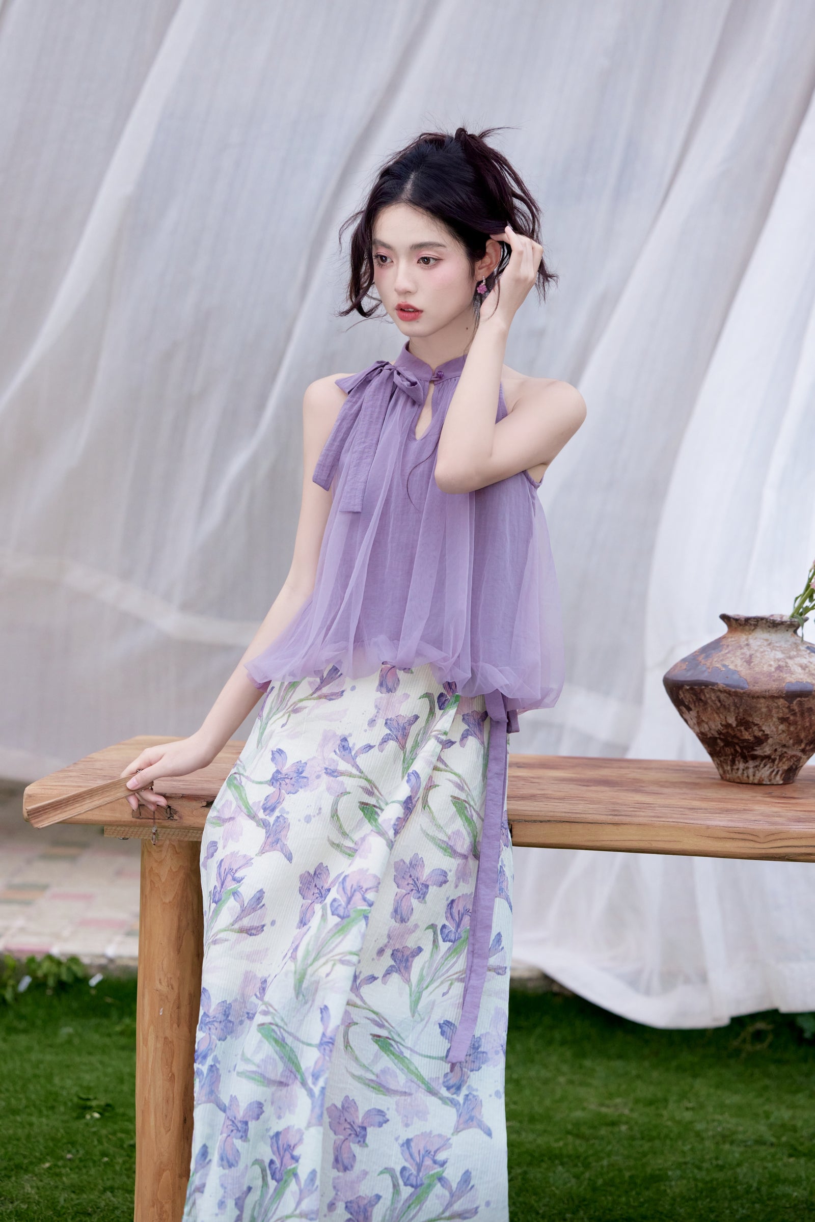 Orchid Dream Halter Blouse and Floral Maxi Skirt Set