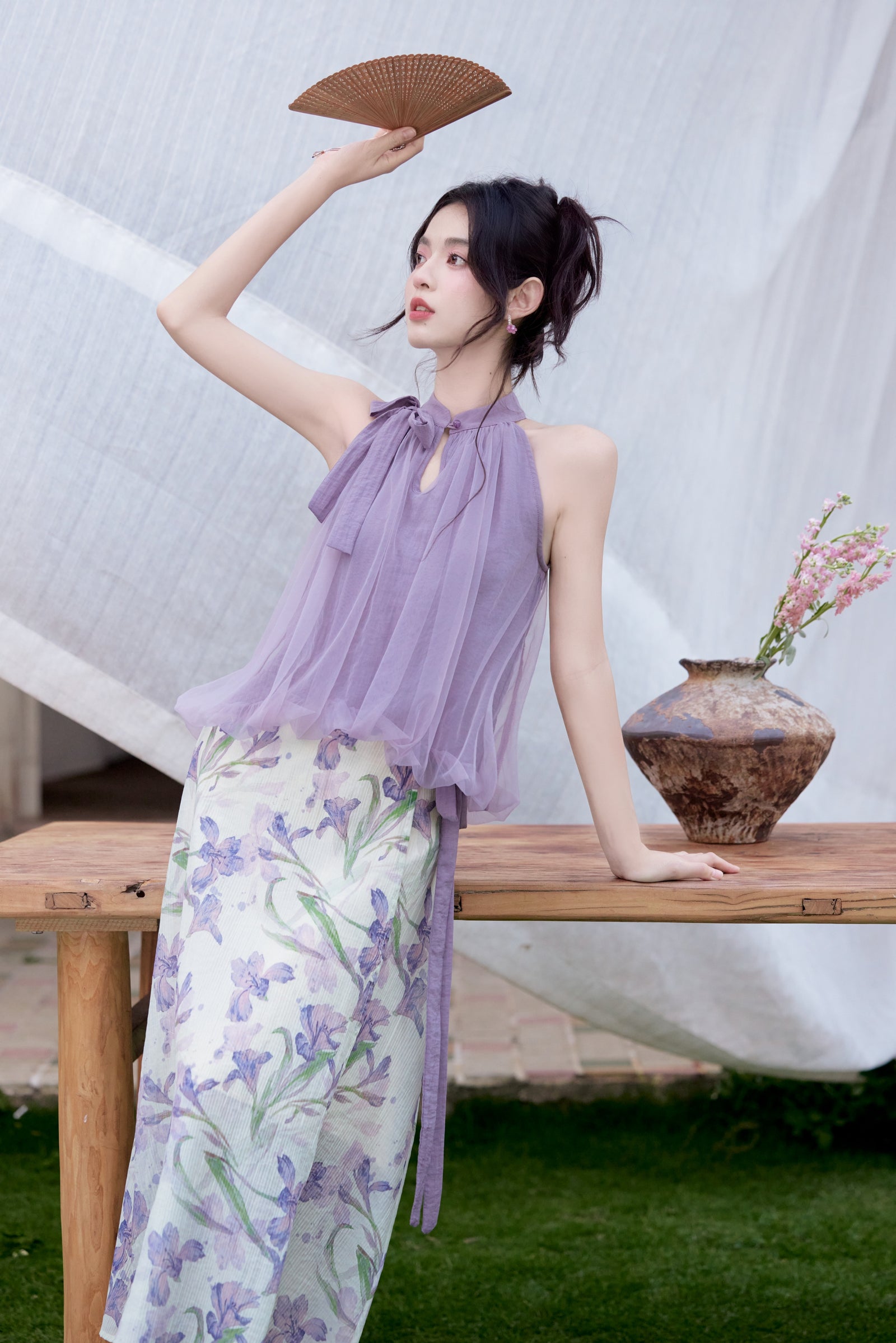 Orchid Dream Halter Blouse and Floral Maxi Skirt Set