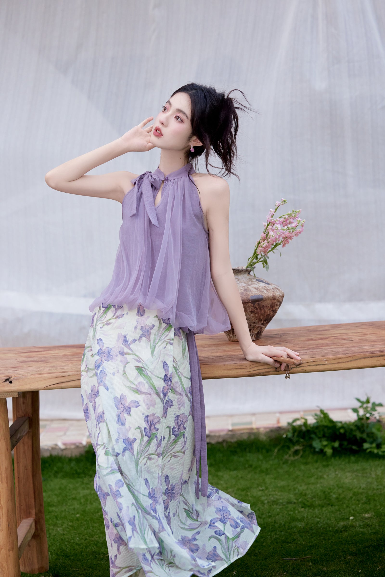 Orchid Dream Halter Blouse and Floral Maxi Skirt Set