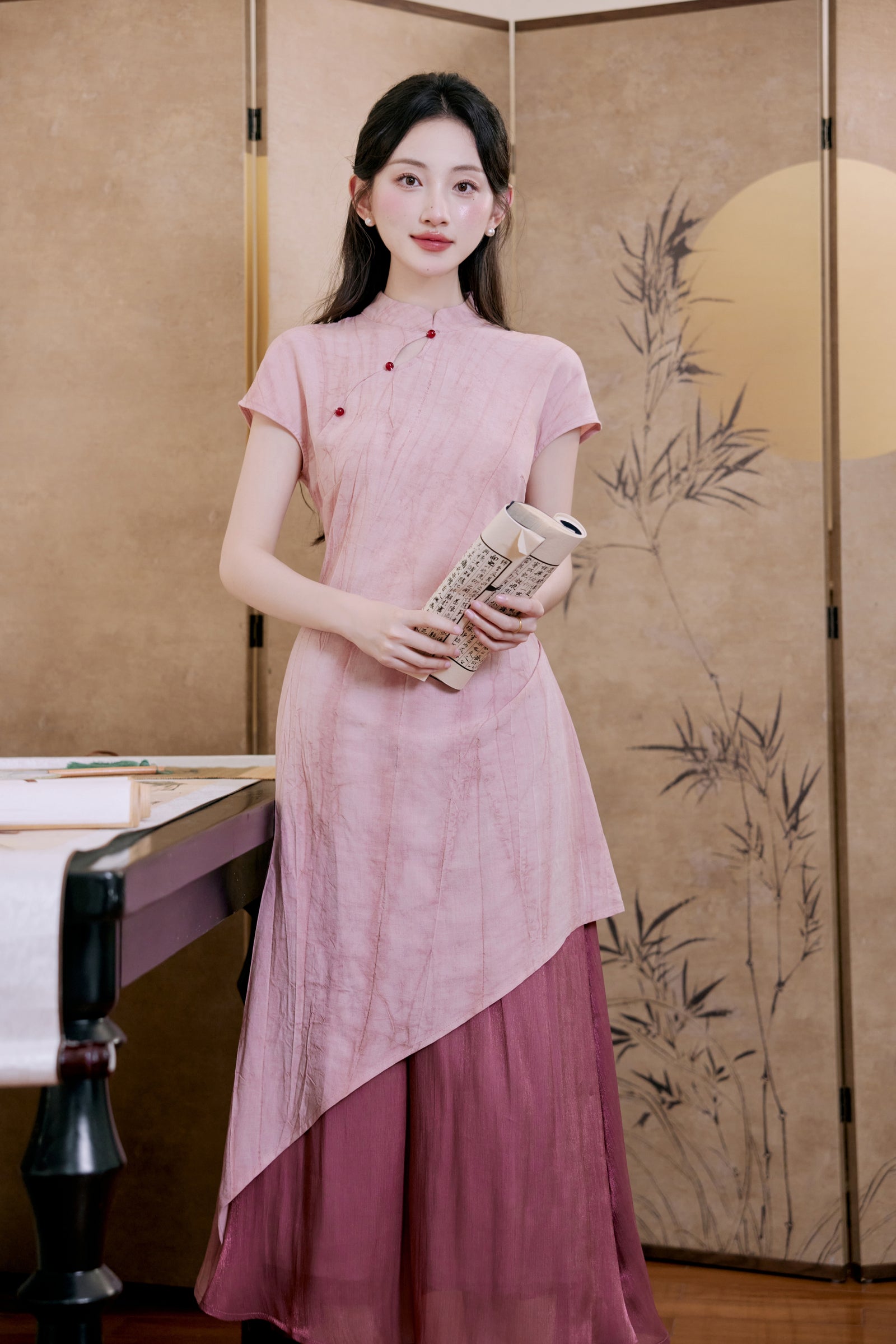 Peach Blossom Asymmetric Cheongsam Dress