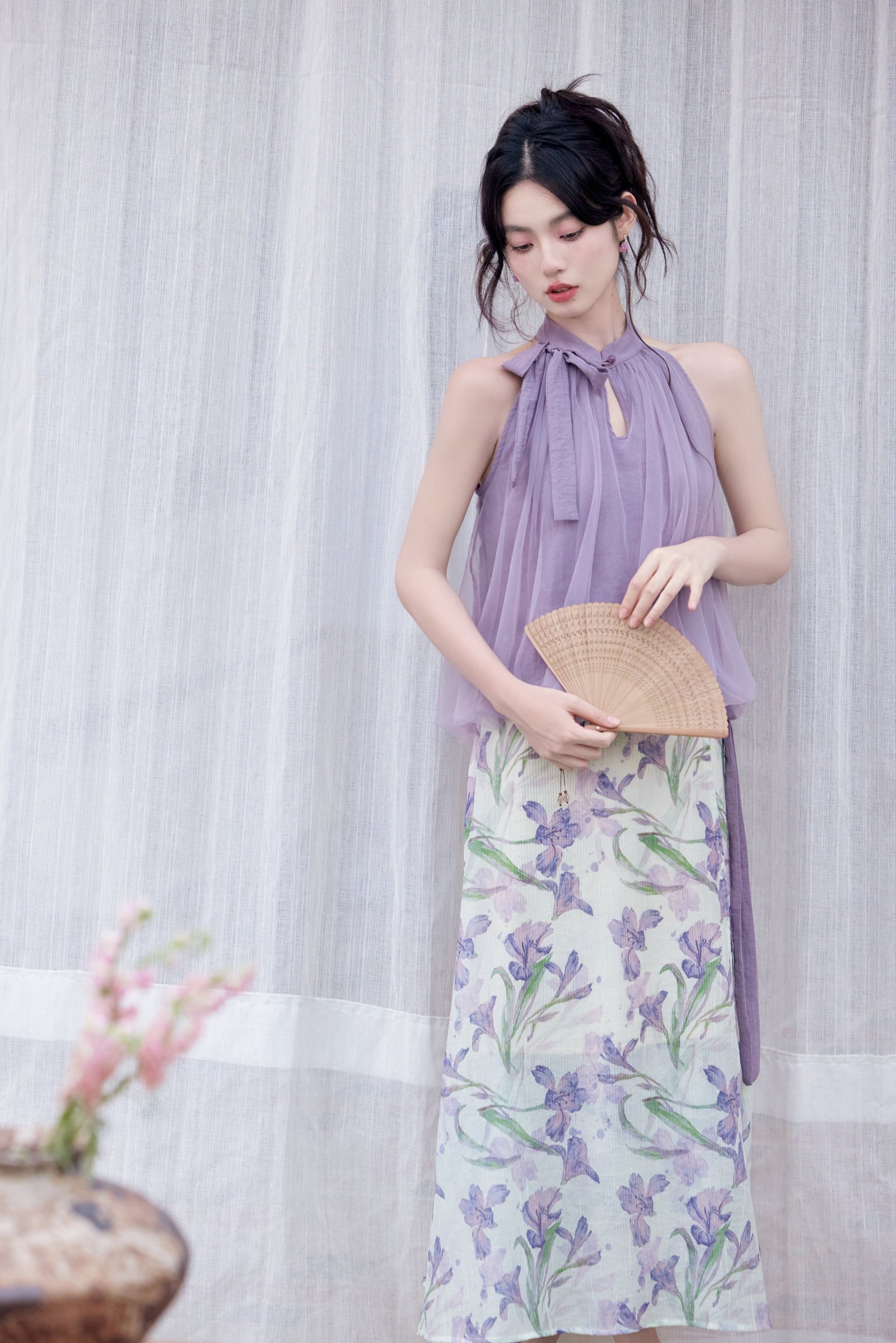 Orchid Dream Halter Blouse and Floral Maxi Skirt Set