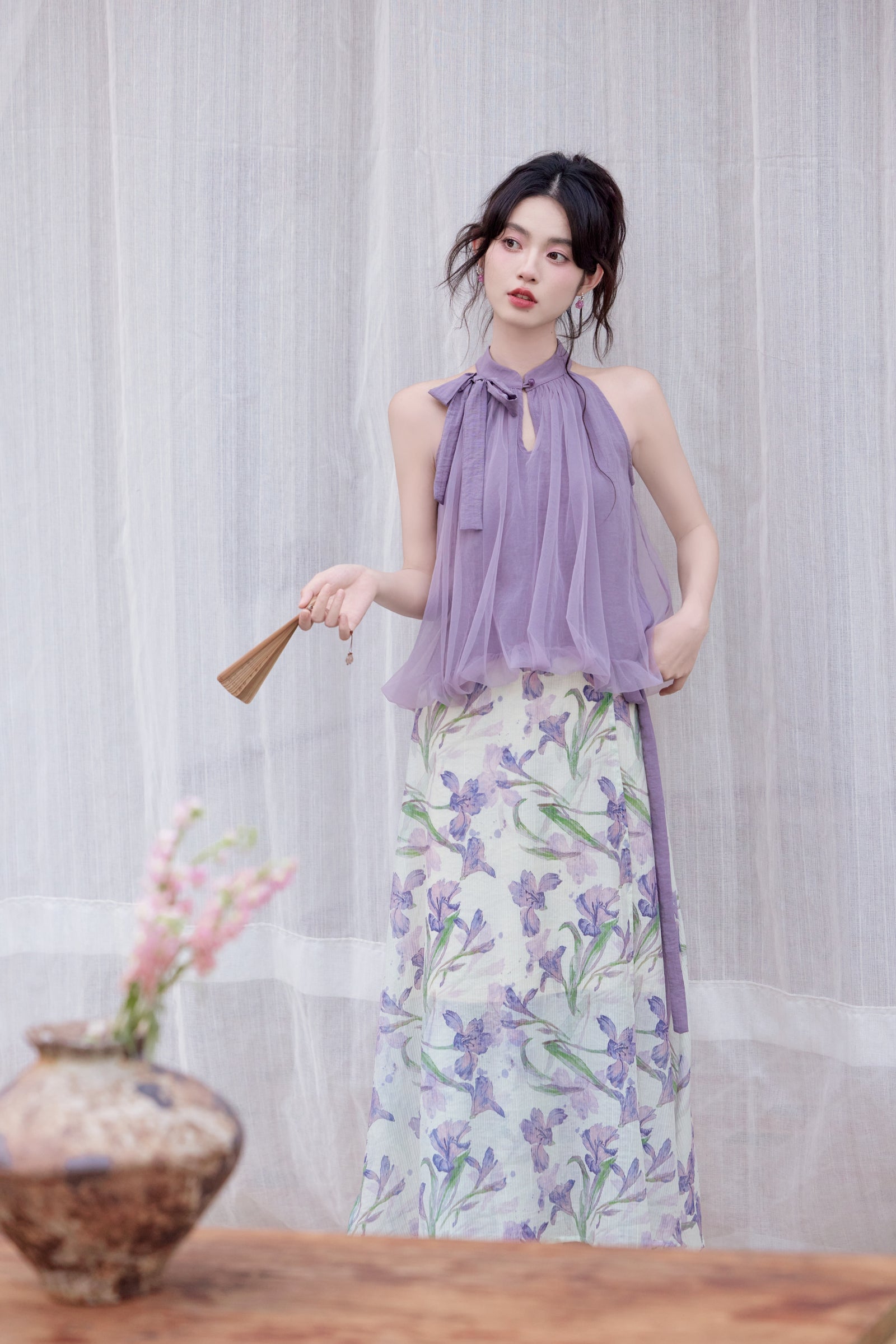 Orchid Dream Halter Blouse and Floral Maxi Skirt Set