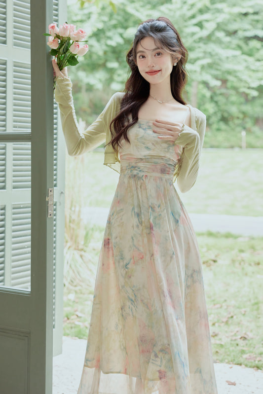 Pastel Watercolor Pleated Midi Dress - Masion Chérie 