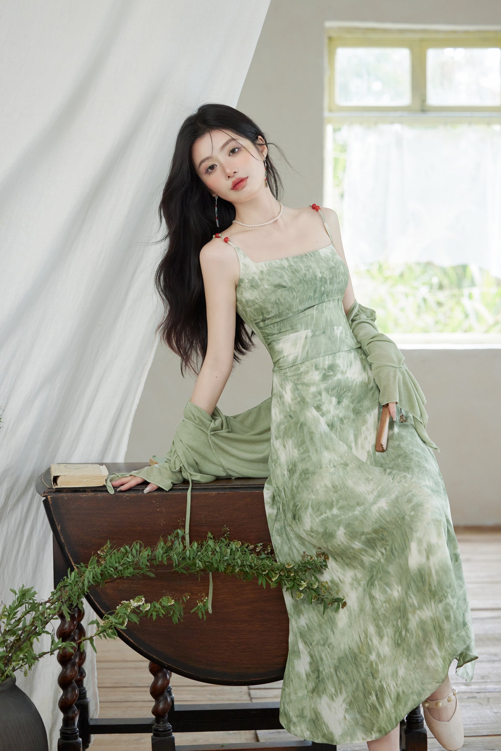 Sage Green Tie-Dye Square Neck Midi Dress