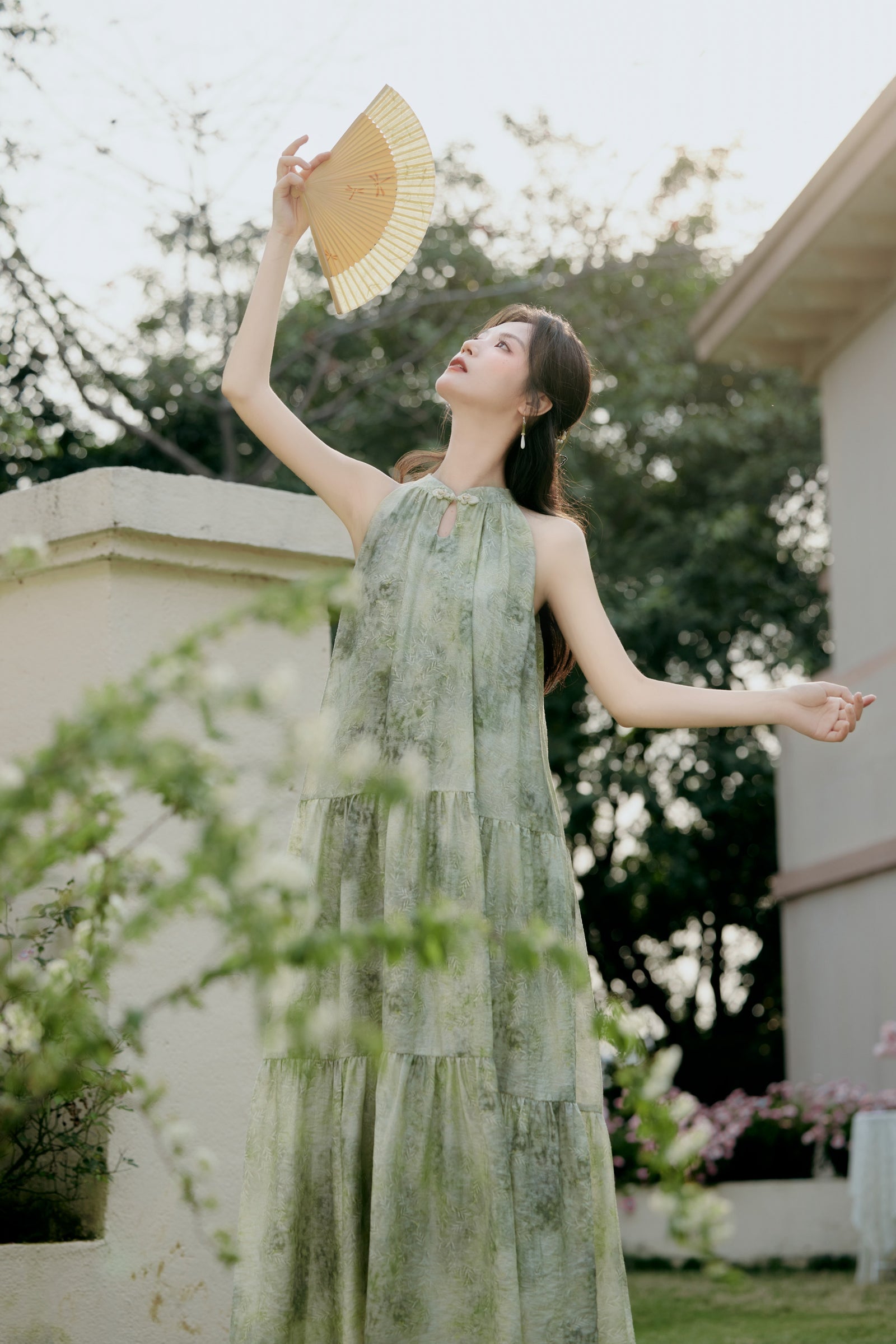 Enchanting Green Floral Halter Neck Tiered Maxi Dress - Masion Chérie