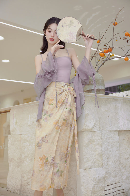 Lavender Camisole, Floral Wrap Midi Skirt and Chiffon Cardigan 3-Piece Set - Masion Chérie