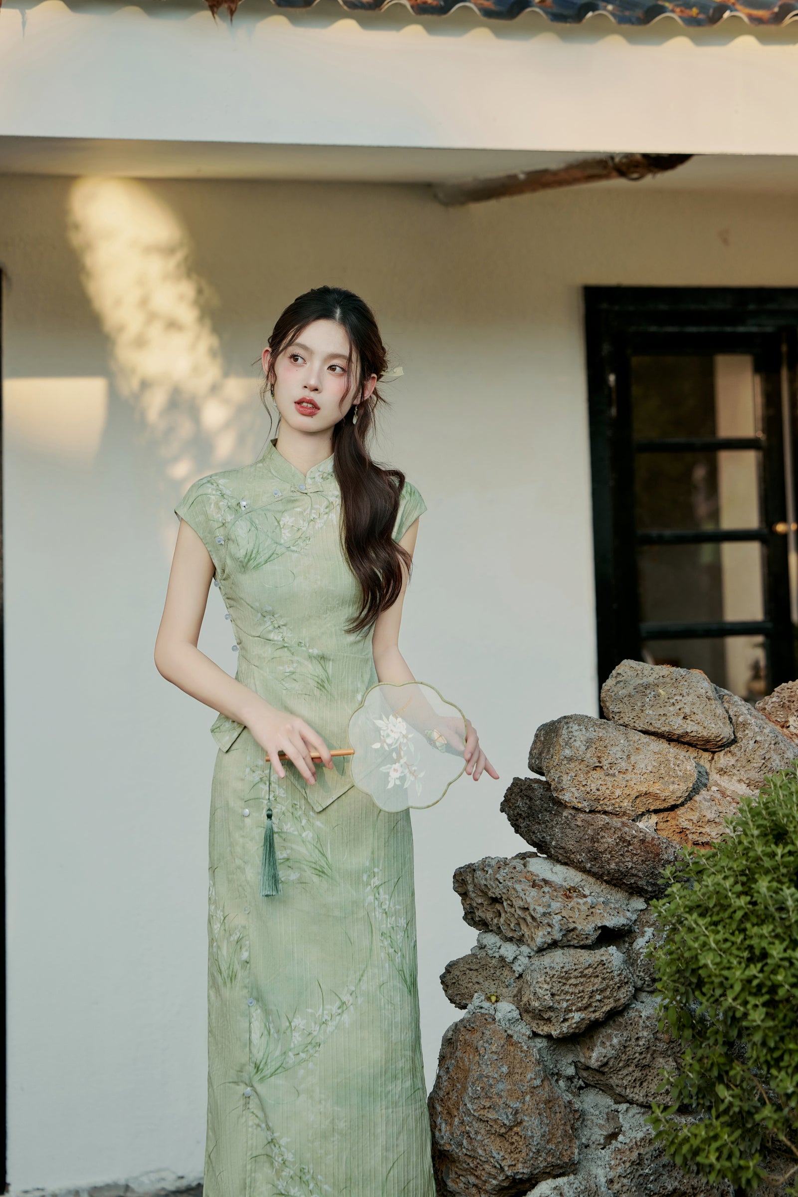 Elegant Green Floral Embroidered Cheongsam Set Dress - Masion Chérie 