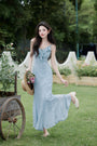 Vintage Blue Floral Ruffle Spaghetti Strap Maxi Dress - Masion Chérie