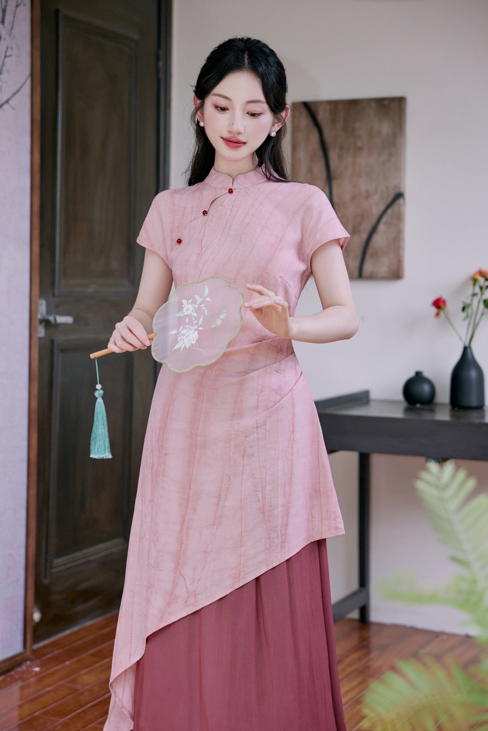 Peach Blossom Asymmetric Cheongsam Dress