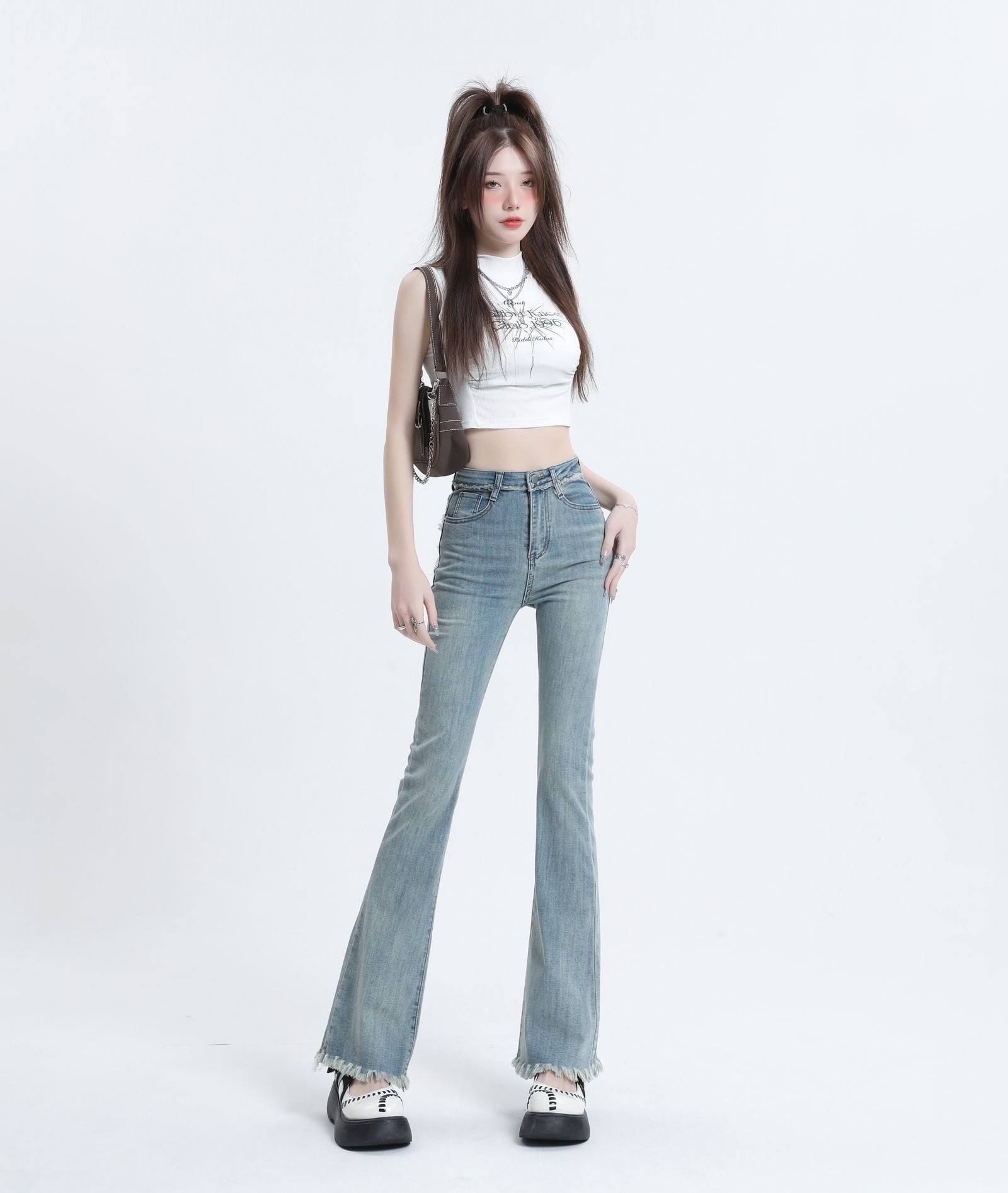 Vintage High-Waisted Frayed Hem Flared Denim Jeans - Masion Chérie