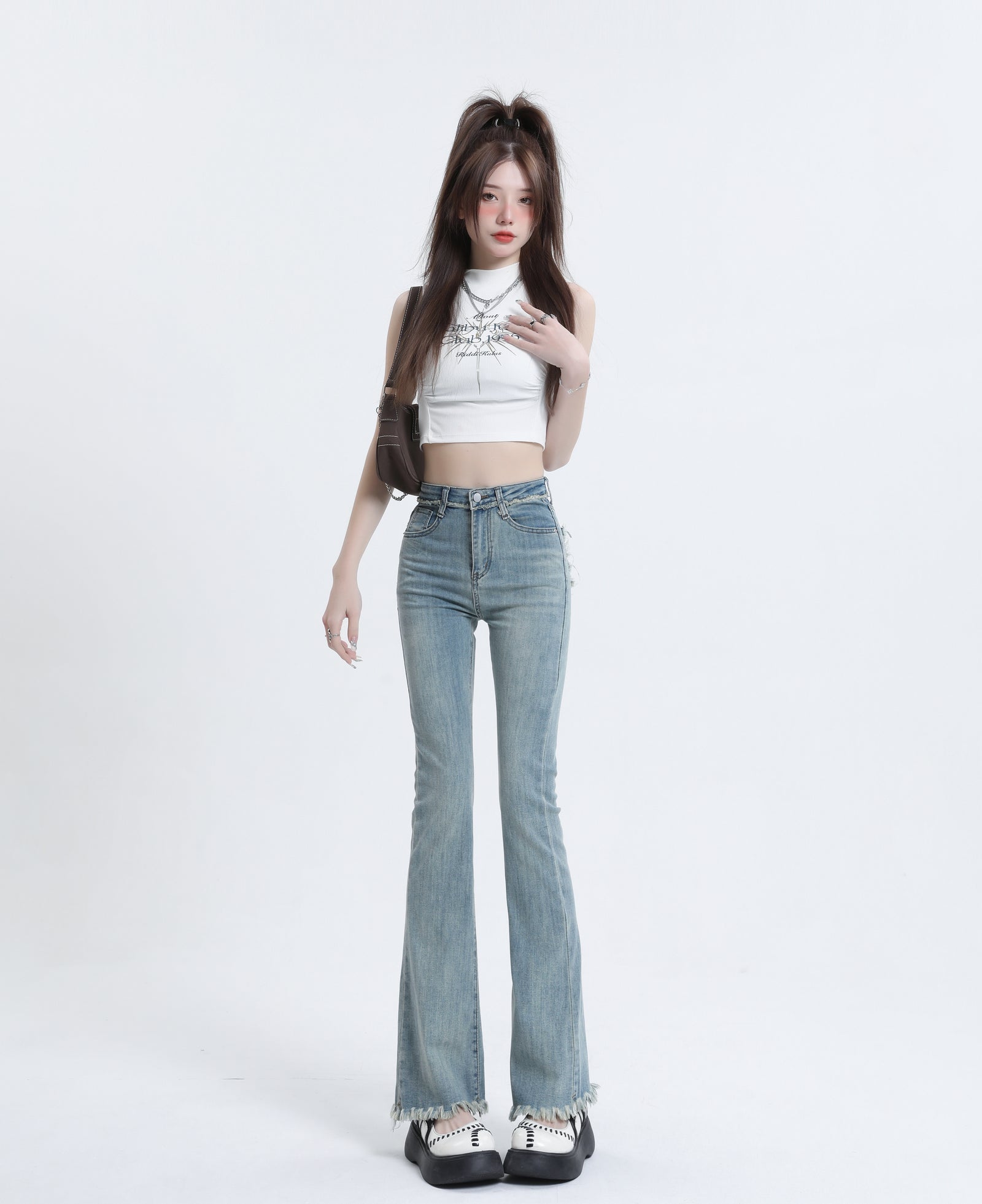 Vintage High-Waisted Frayed Hem Flared Denim Jeans - Masion Chérie