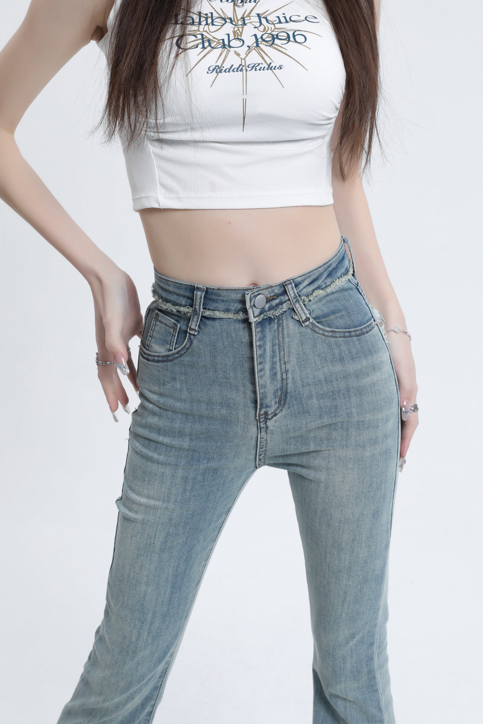 Vintage High-Waisted Frayed Hem Flared Denim Jeans - Masion Chérie