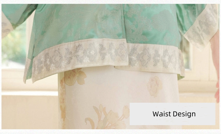 Elegant Mint Green Cheongsam Top and Floral Flared Skirt Set