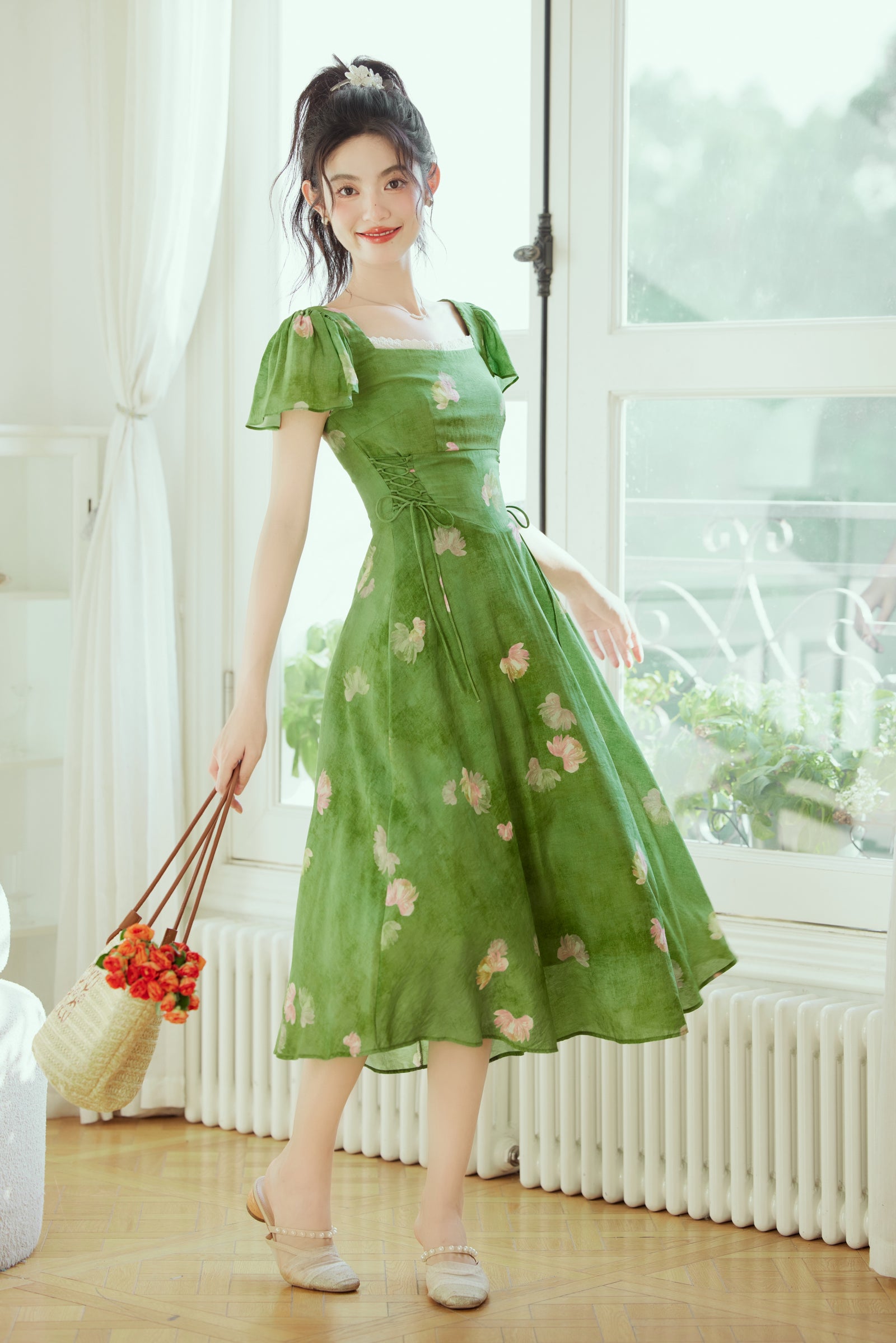 Enchanting Green Floral Print Ruffle Sleeve Midi Dress - Masion Chérie