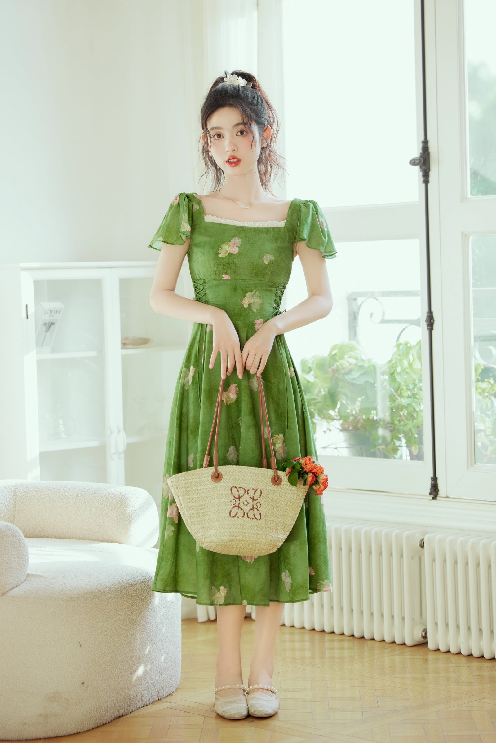 Enchanting Green Floral Print Ruffle Sleeve Midi Dress - Masion Chérie