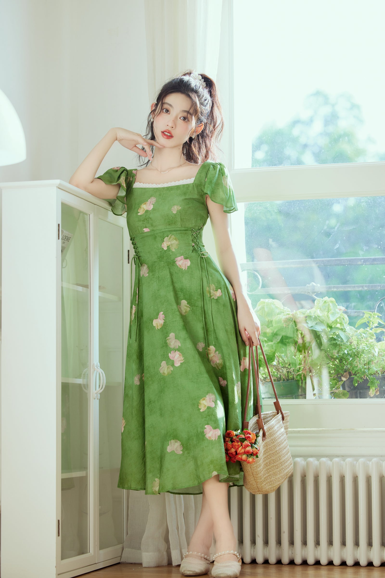 Enchanting Green Floral Print Ruffle Sleeve Midi Dress - Masion Chérie