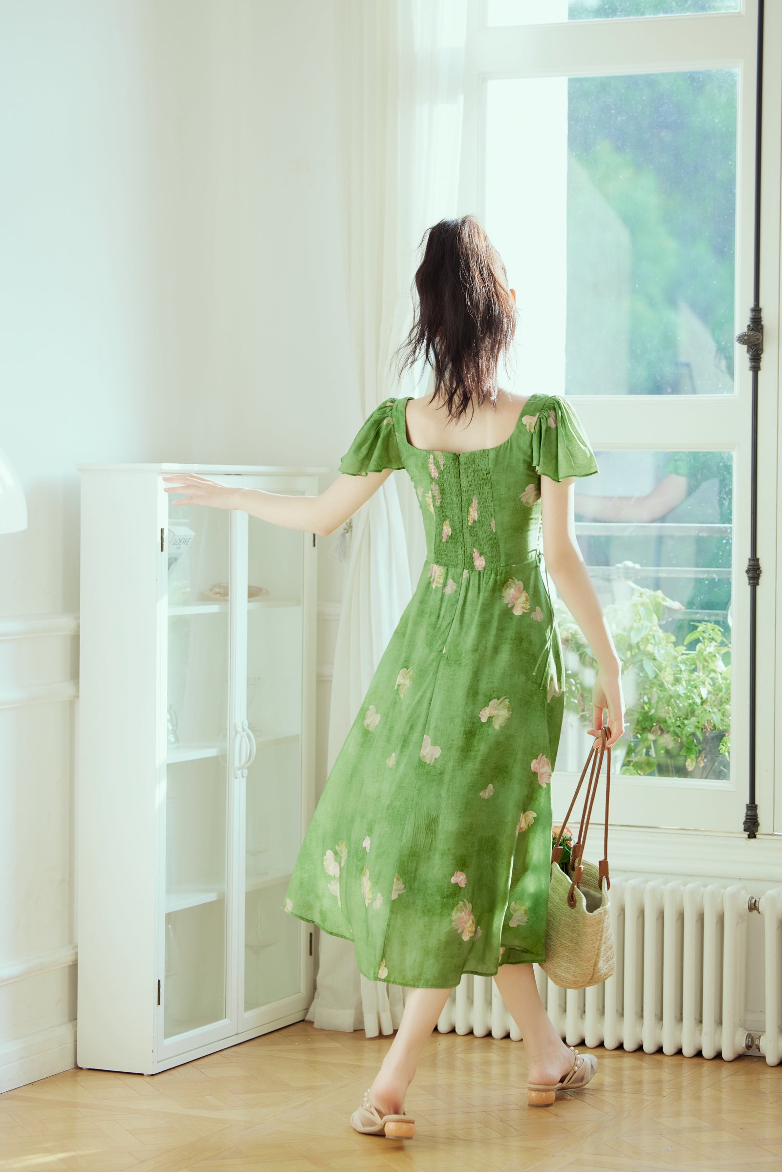 Enchanting Green Floral Print Ruffle Sleeve Midi Dress - Masion Chérie